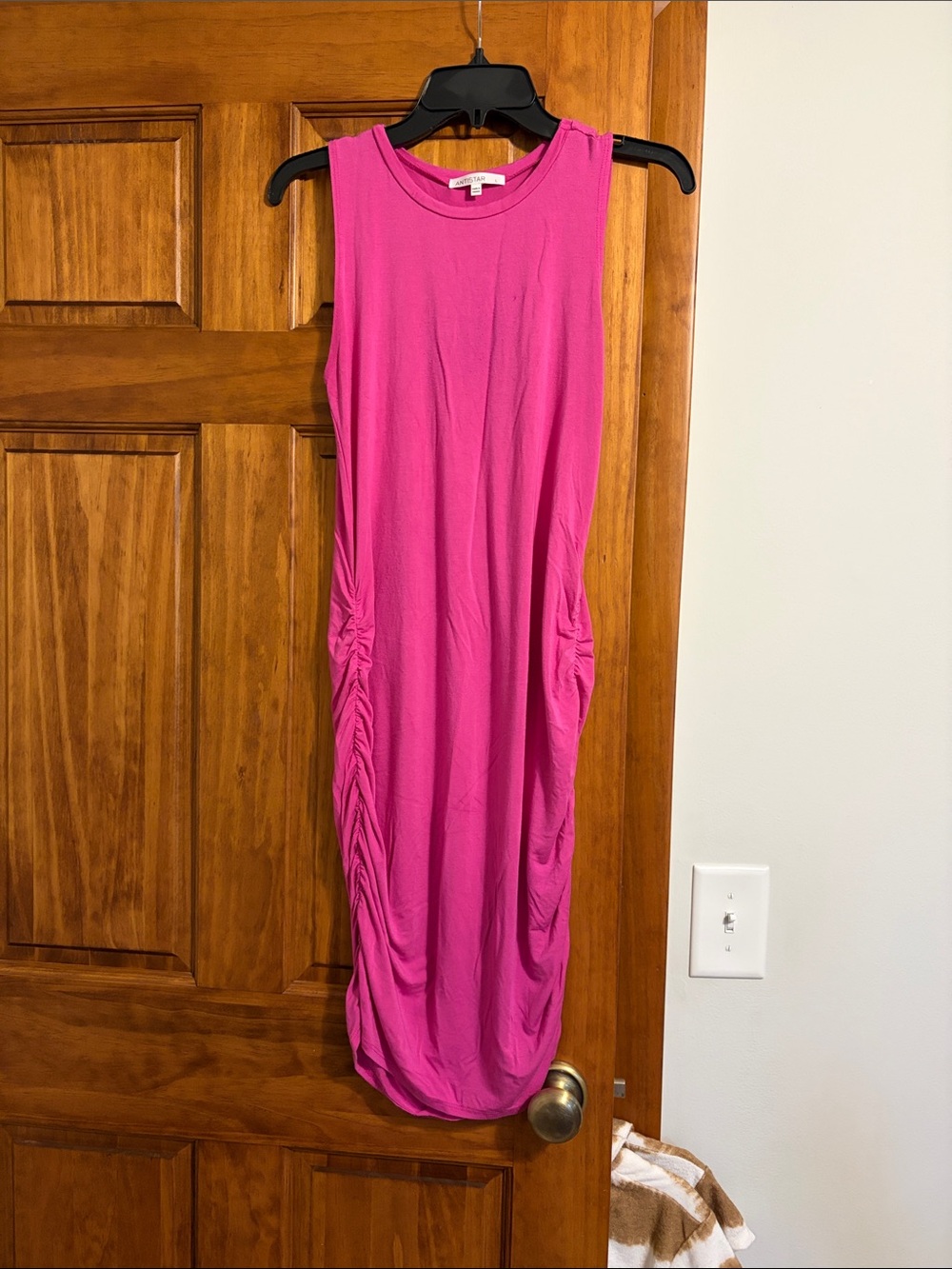 Antistar Sleeveless Hot Pink Ruched Side Mini Dress - Casual Pull-On